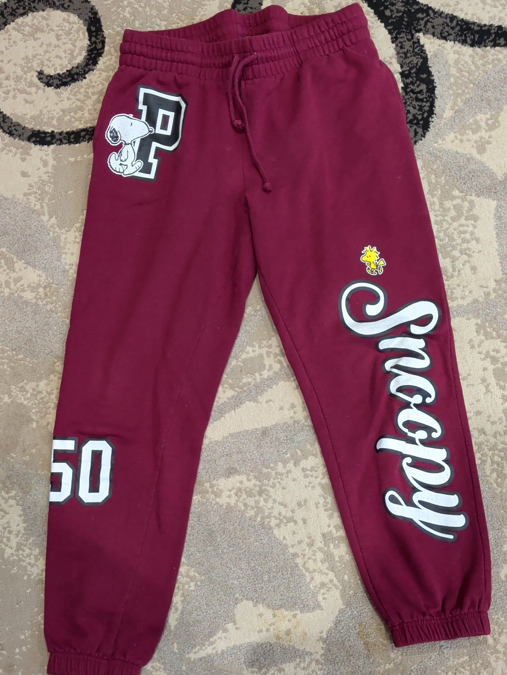 Peanuts Maroon Sweatpants with Snoopy & Woodstock Graphics